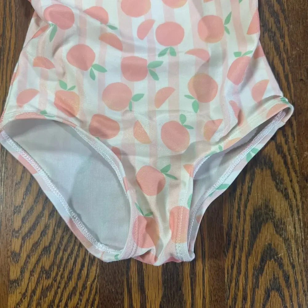Floatimini Girls Peach Stripe Fruit Print Flutter Sleeve Swimsuit Size 3T